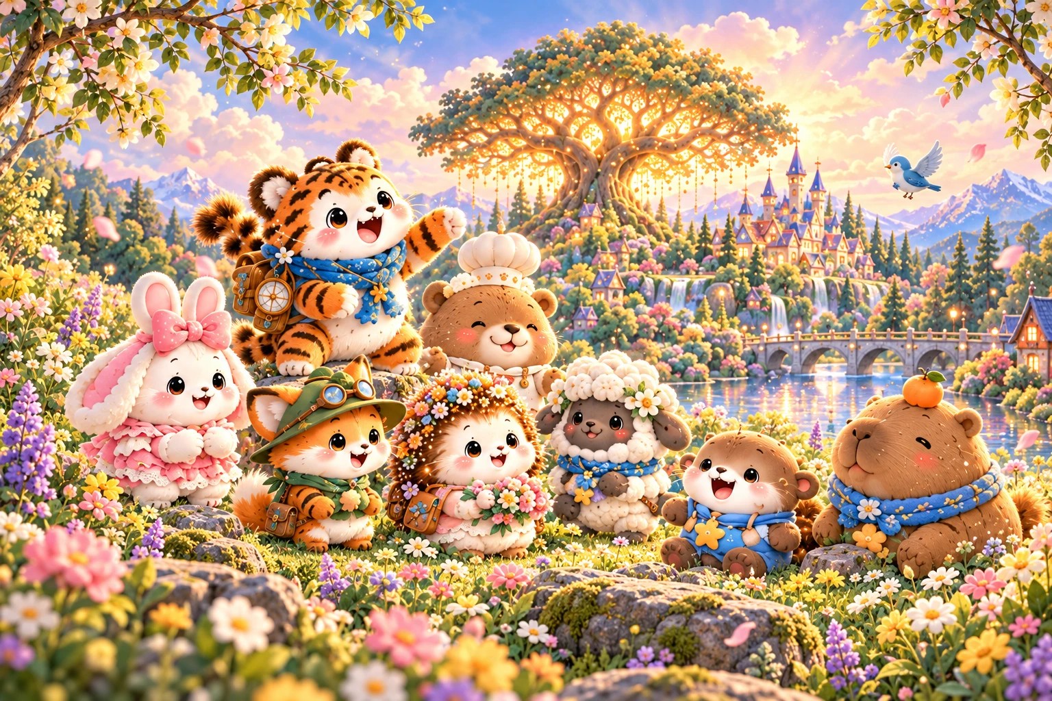 毛球星八位動物夥伴齊聚花園：小虎、兔子、狐狸、小熊、刺蝟、綿羊、水獺與水豚，身後是發光大樹、城堡和河流